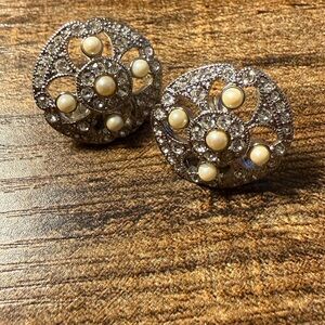 Art Deco Rhinestone & Pearl Costume Fashion Clip Back Earrings. Signed Monet